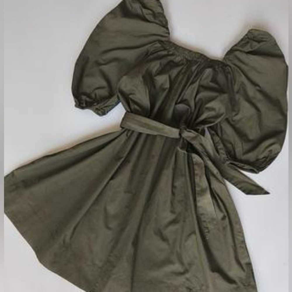 MANGO Khaki Cotton Poplin Off-Shoulder Dress with Puff Sleeves - Picture 2 of 11
